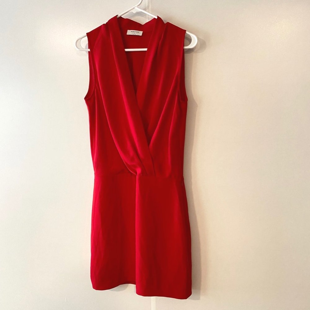 Aritzia Babaton Womens Phoenix Faux Wrap Mini Dress Red Solid Drape Crepe 4 New
